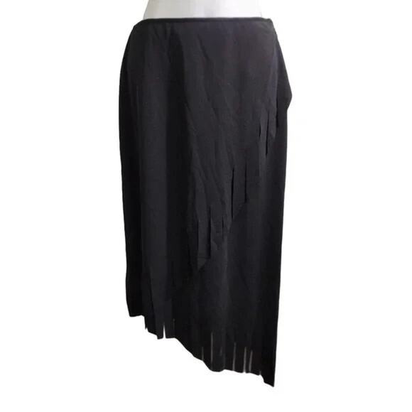 CACHE Vintage Black Fringed Assymetric Wrap A-Line Midi Skirt 8 Boho Goth Y2K - Picture 2 of 9